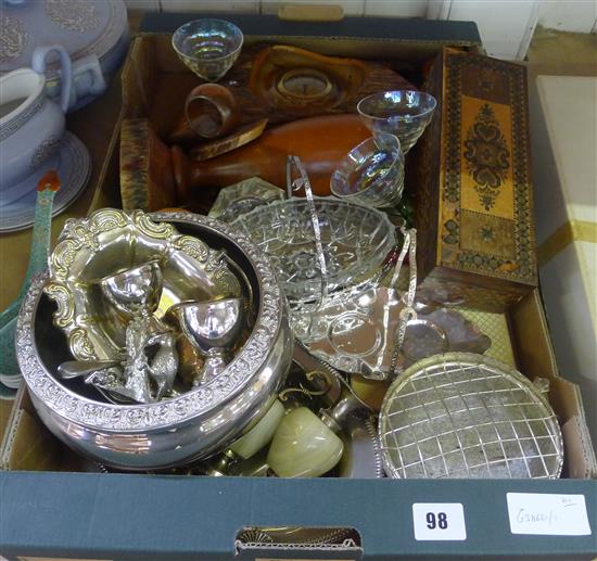 Tunbridgeware box, Poduk wood clock & plated wares